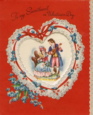 At the centre of the card is a silk insert. It pictures a man and woman in fancy, period outfit ...