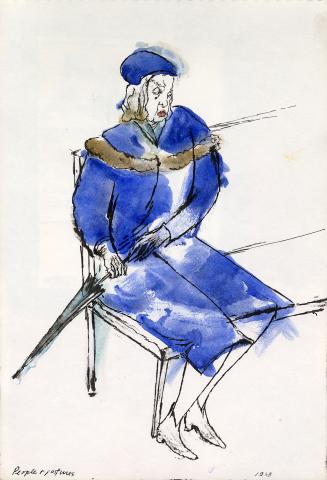 An ink and watercolour illustration of a woman sitting on a high-backed bench. She is wearing a…