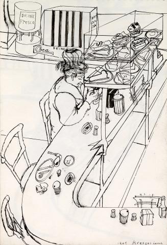 An ink illustration of a person sitting at the counter of a diner, with a soft drink machine on…