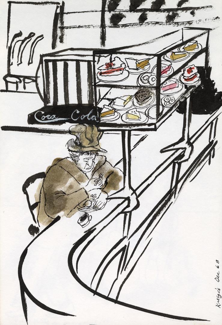 An ink and watercolour illustration of a person sitting at the counter of a diner, with a soft …