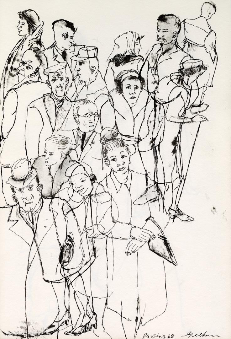 An ink illustration of a group of people superimposed overtop of each other. They are wearing f…