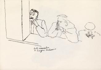 An ink illustration of a three people sitting at the counter of a diner. The person on the left…