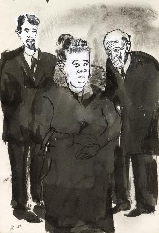 An ink and watercolour illustration of three people facing the viewer. There is a middle-aged w…