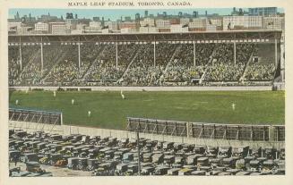 Colorized photograph of players on a baseball field taken from the stands.