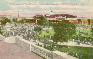 Colorized photograph of exhibition buildings set on vast acres of grounds with huge crowds of p…