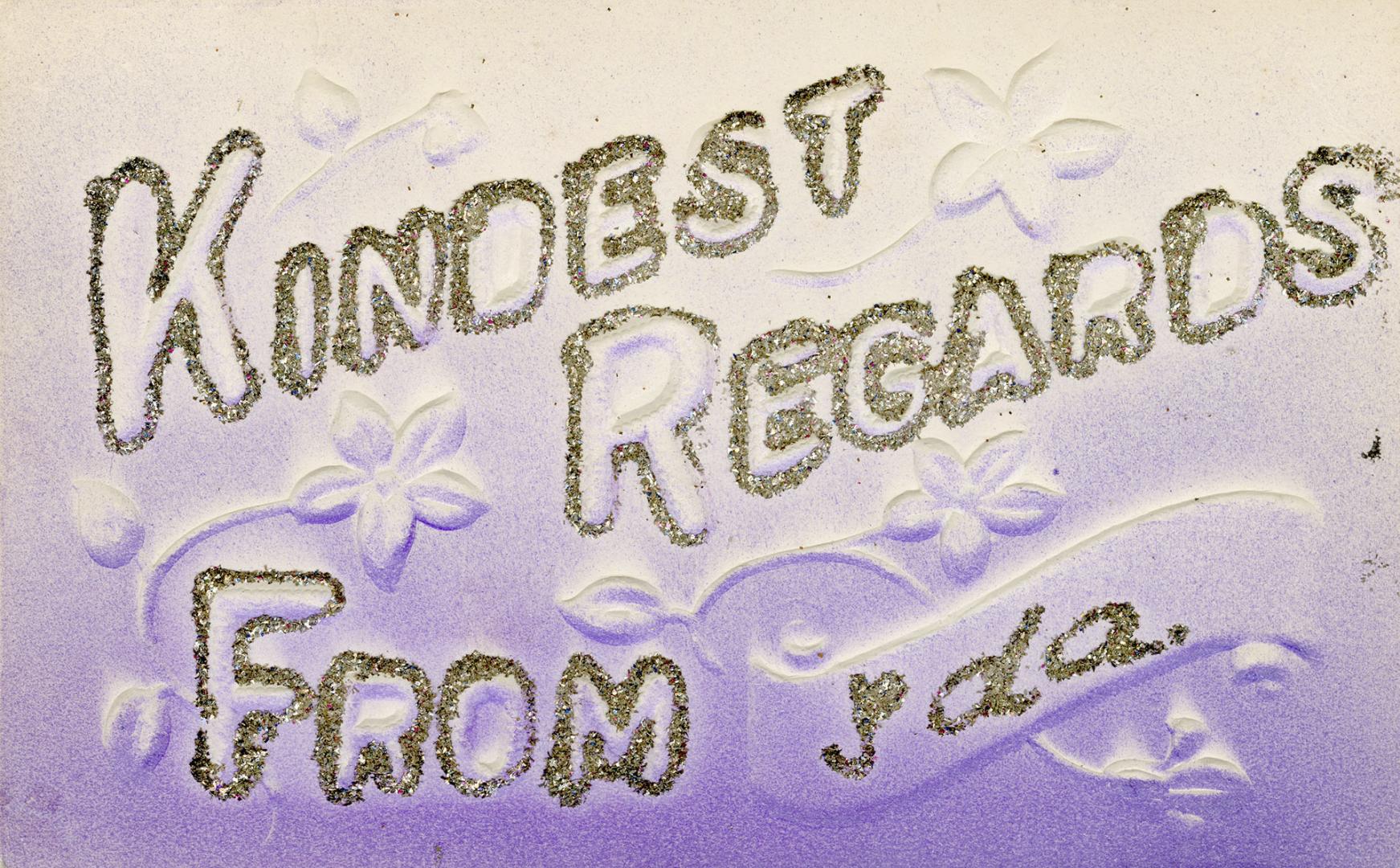 Greeting is embossed on mauve stock and the letters are glittered.