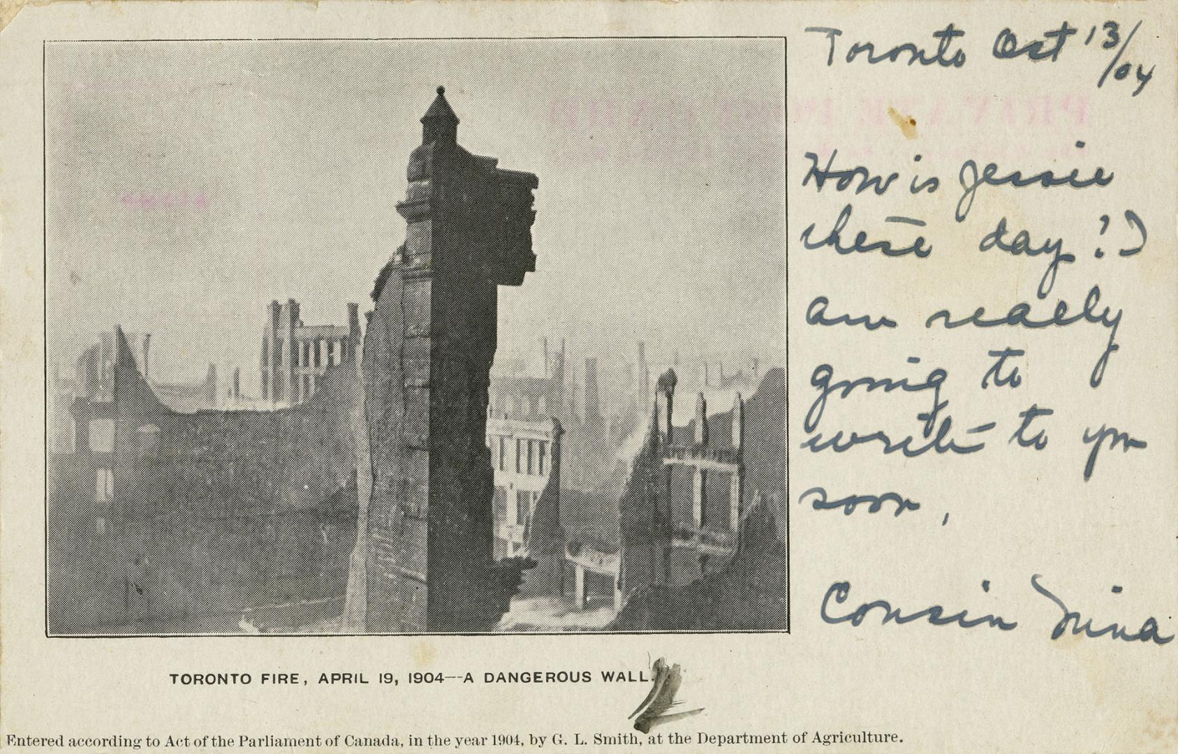 Black and white photo postcard depicting an inset photo of buildings damaged by the 1904 fire o…