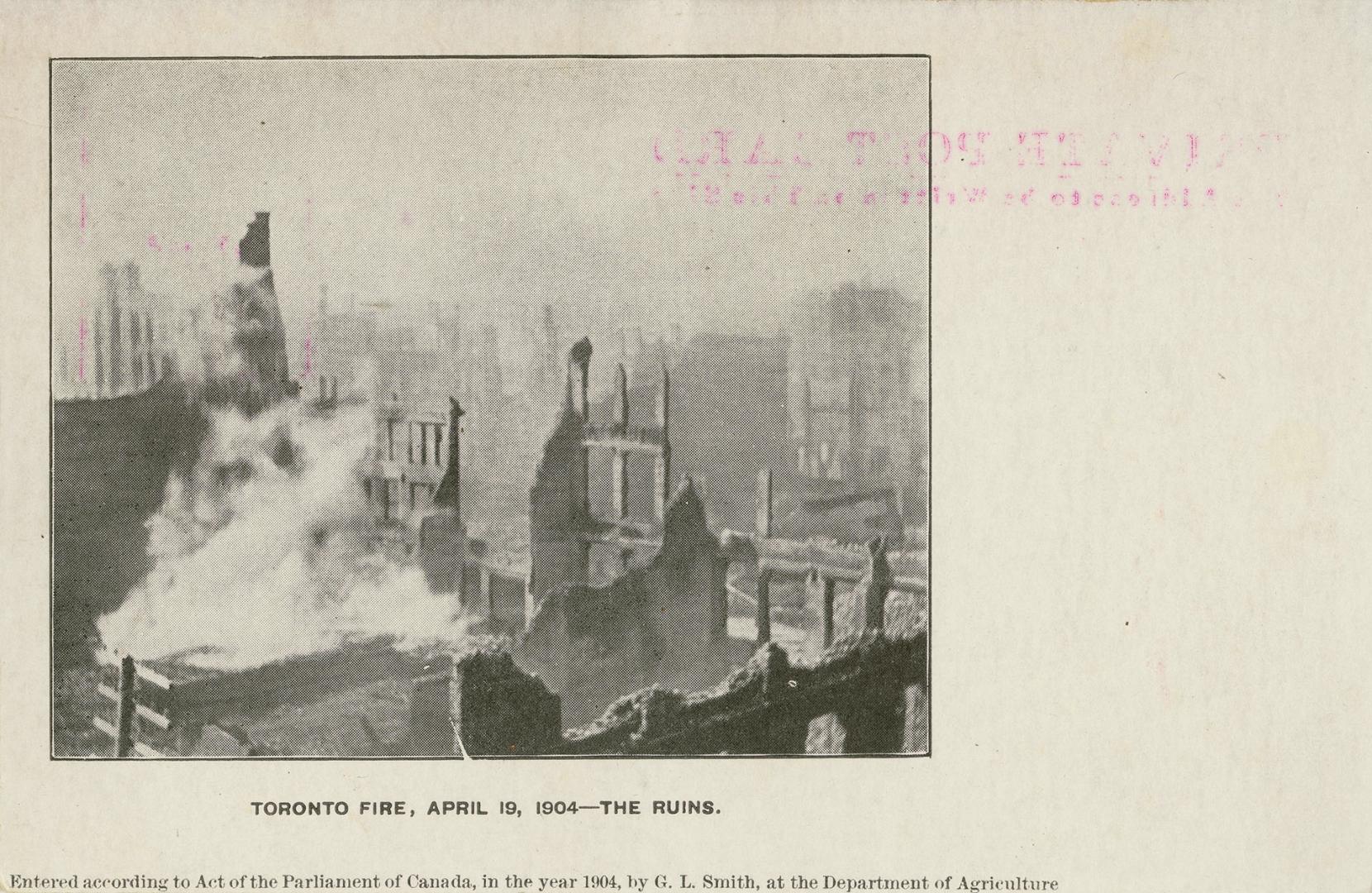 Black and white photo postcard depicting an inset photo of buildings damaged by the 1904 fire o…