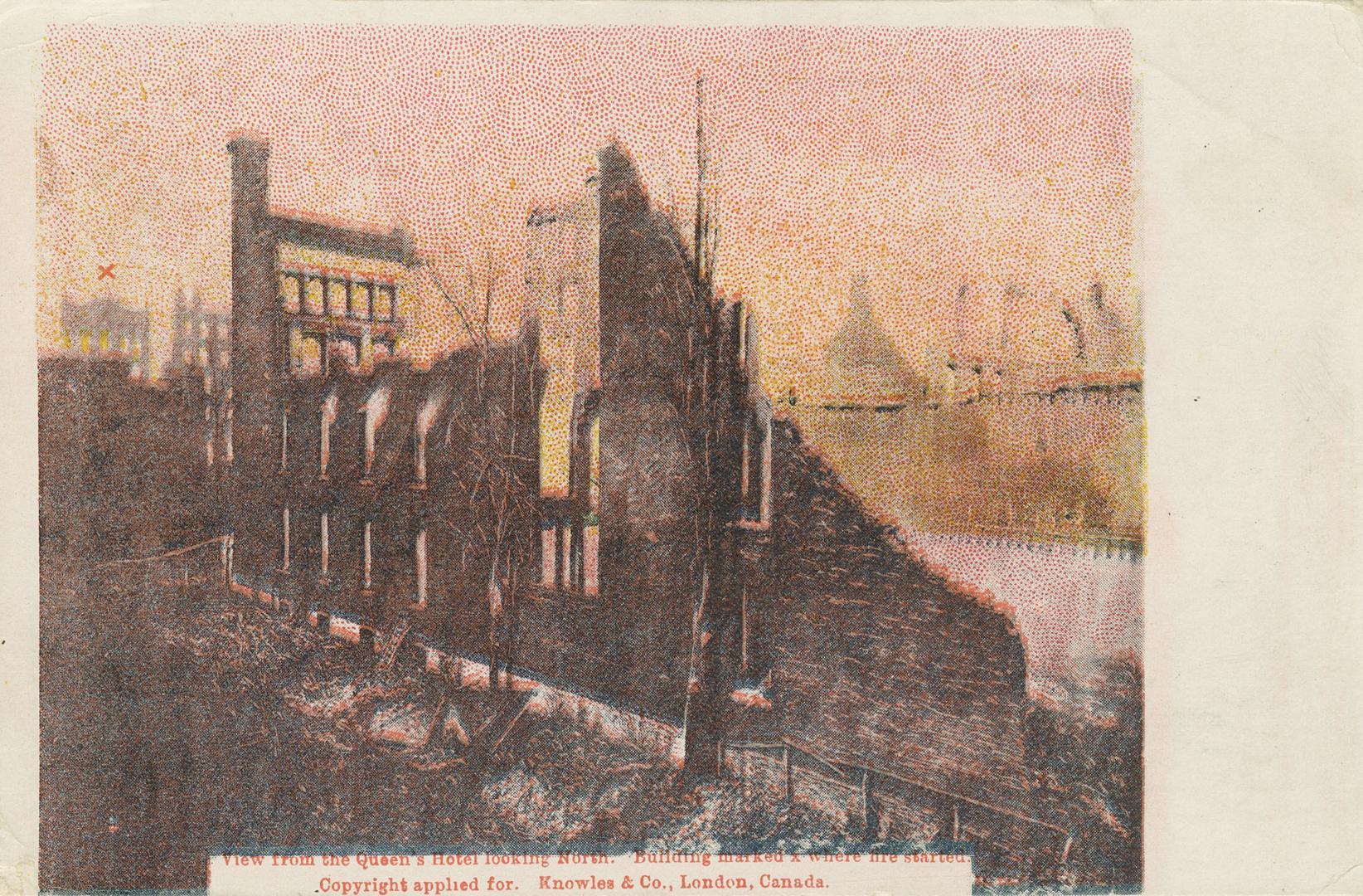 Black and white photo postcard with red filter depicting the damage caused by the 1904 fire of …