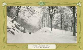 Black and white photograph of a horse drawn sleigh in a snowy, wooded area. Pictures is framed …