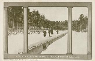 Black and white photograph of a freshly plowed path through a snowy, wooded area. Pictures is f…