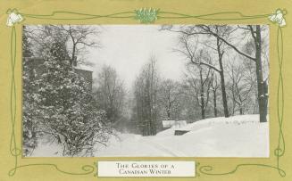 Black and white photograph of a freshly plowed path through a snowy, wooded area. Pictures is f…