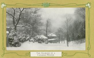 Black and white photograph of a house and outbuildings in a snowy, wooded area. Pictures is fra…