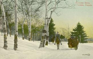 Colorized photograph with a man riding a horse beside a sleigh full of people in a snow covered…