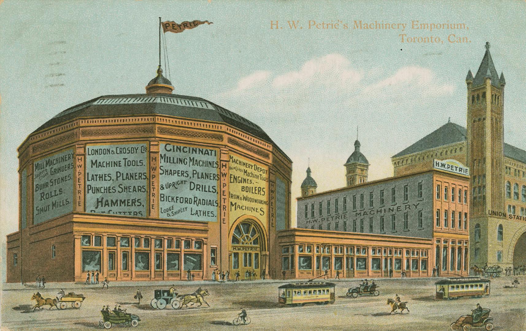 Colour postcard depicting an illustration of a wide building with large signs on Front St. besi…