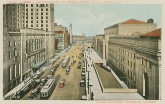 Colour postcard depicting an illustration of Front Street with the Royal York Hotel on the left…