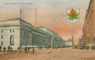 Colour postcard depicting an illustration of Union station, bordered by an unpaved Front St. W.…