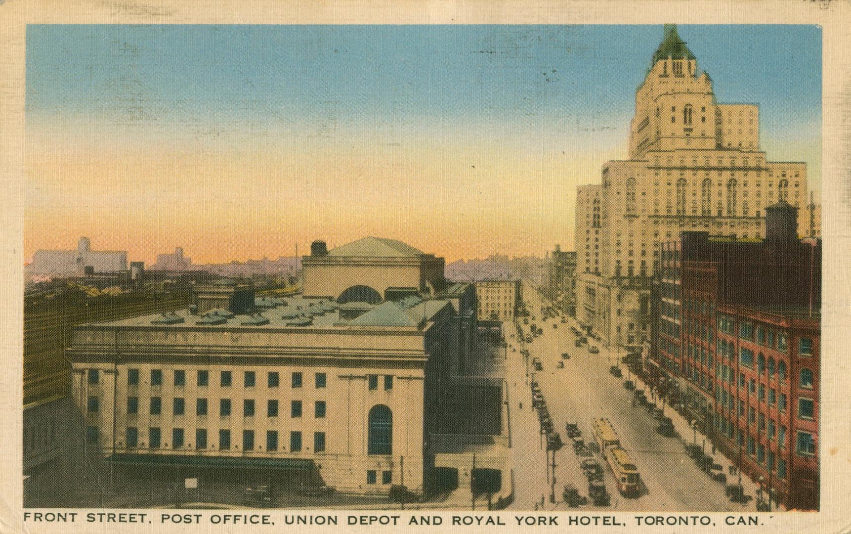 Colour postcard depicting an illustration of Front Street with the Royal York Hotel on the righ…