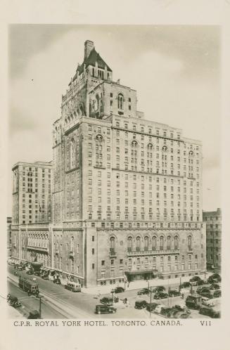 Black and white photo postcard depicting the south-east view of the Royal York Hotel with the c…