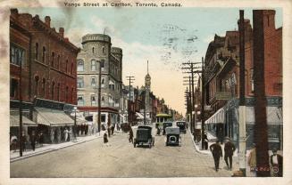 Colorized photograph of a downtown city street.