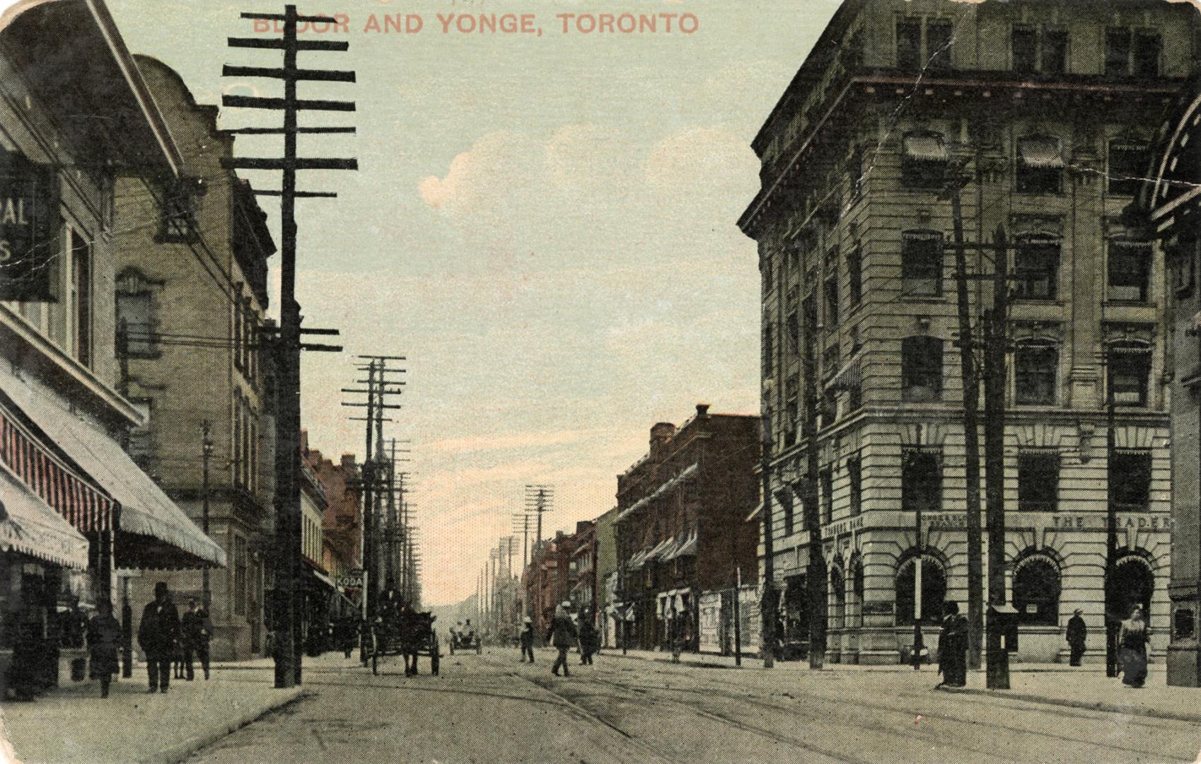 Colorized photograph of people walking on a busy city street.