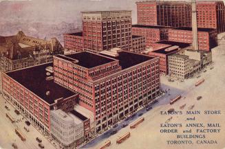 Color drawing of a large retail store and factory complex.