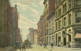 Colour postcard depicting Wellington Street West with buildings, horse-drawn carriages, and ped…