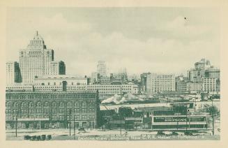 Green-toned photo postcard depicting an illustration of a view of buildings looking north from …