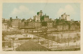 Colour postcard depicting an illustration of a view of Toronto looking north from the end of th…