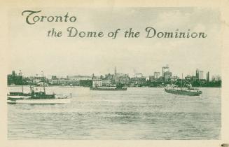 Green-toned postcard depicting a view of Toronto from Lake Ontario with boats in the foreground…