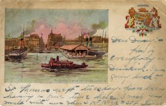 Color drawing of boats sailing in front of busy docks of a large city. Crest in the upper right…