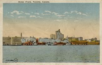 Colorized photograph of the skyline of a large city taken from a body of water.