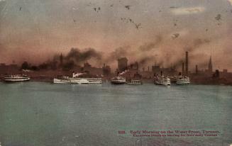 Colorized photograph of the skyline of a large city taken from a body of water. Ferry boats and…