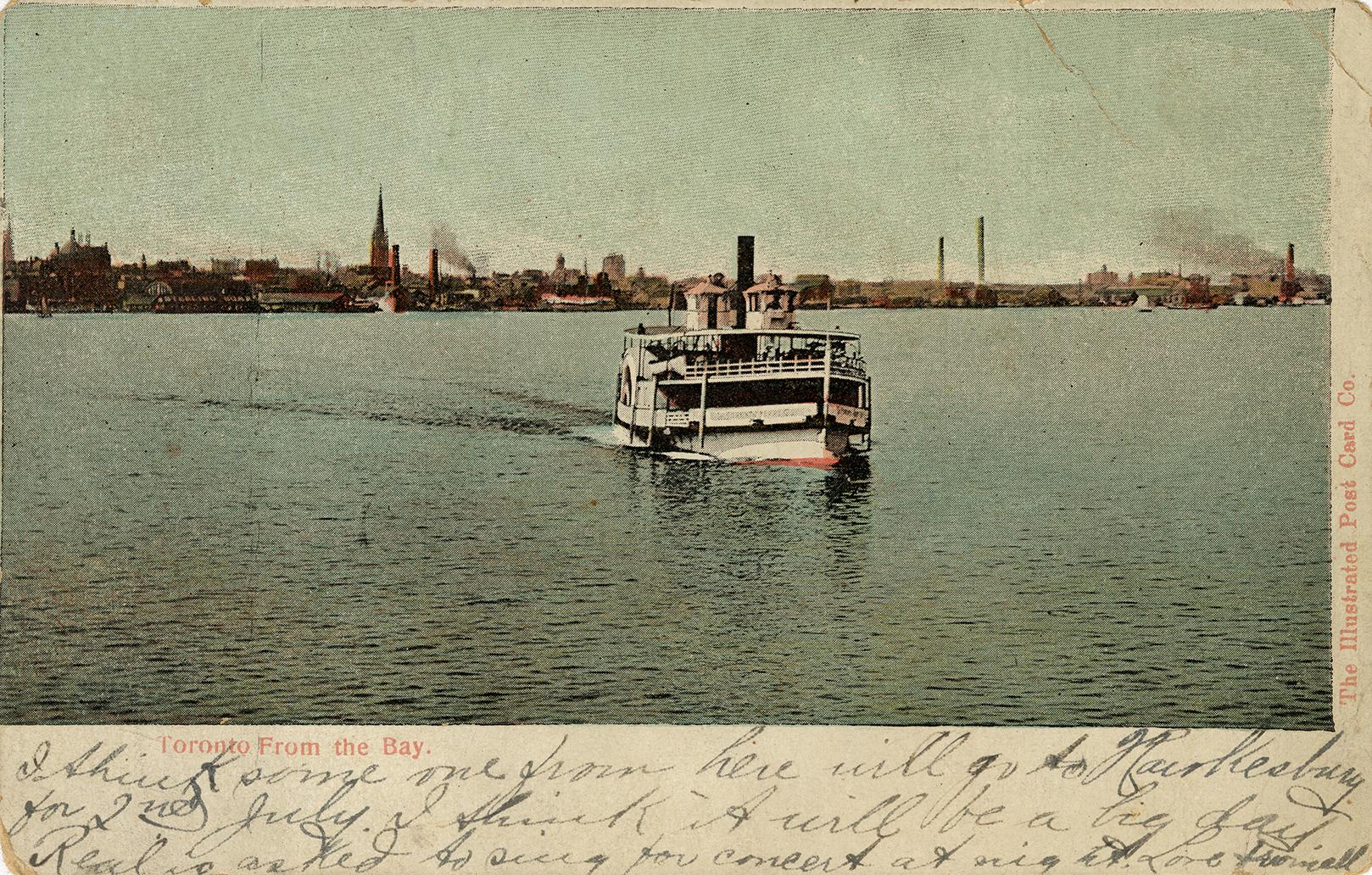 Colorized photograph of a ferry boat in the water along the shoreline of a large city.