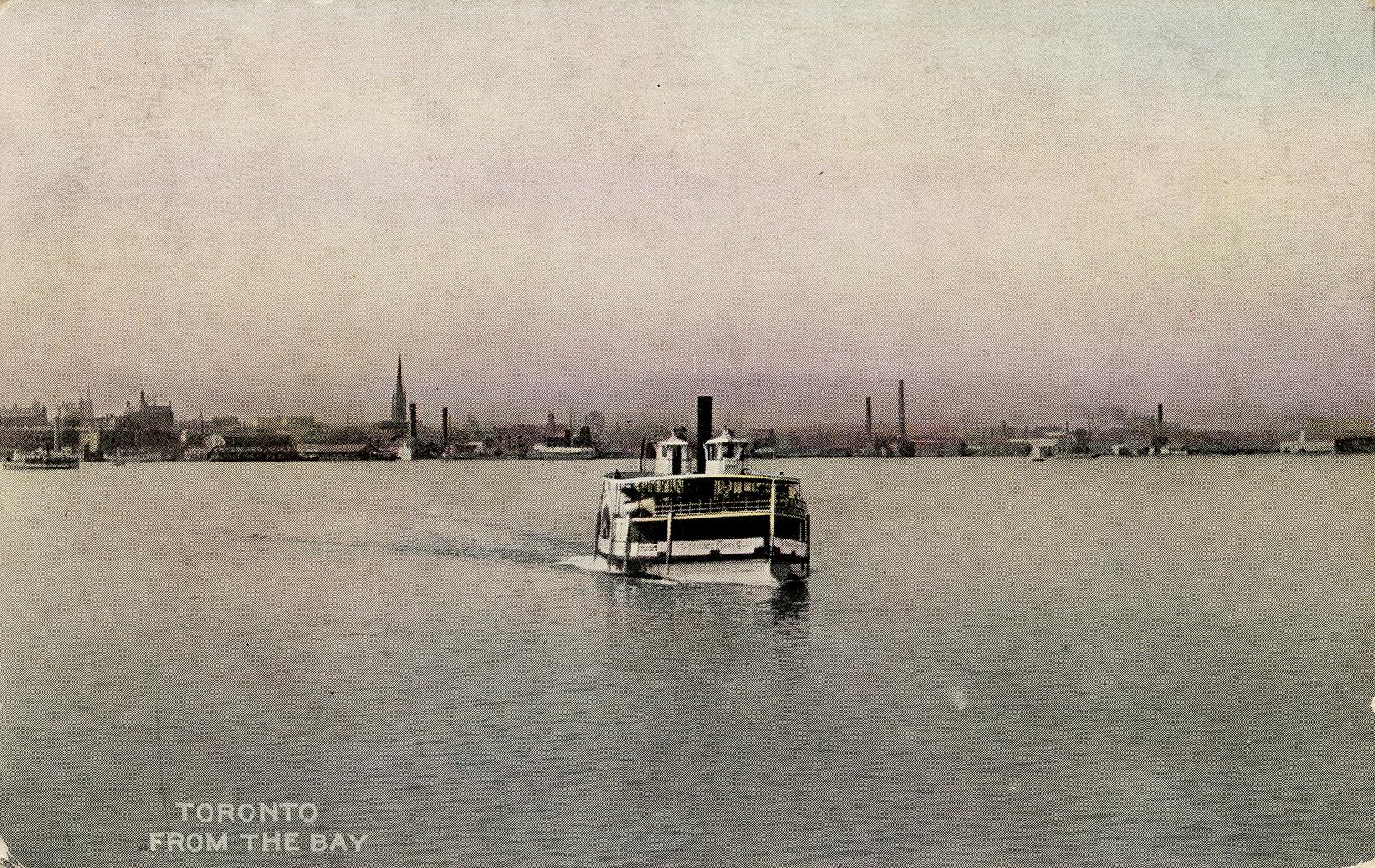 Colorized photograph of a ferry boat in the water along the shoreline of a large city.