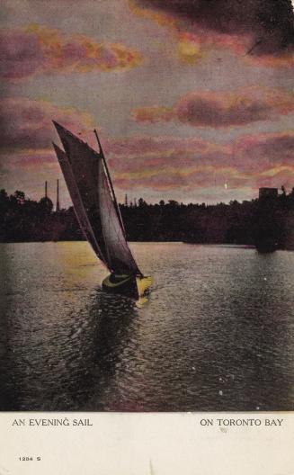 Colorized photograph of a sailboat in the water in front of a large city.