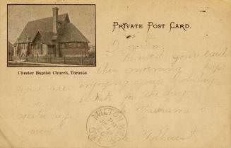 Black and white photograph of a two story church in the upper left hand corner of a white card.