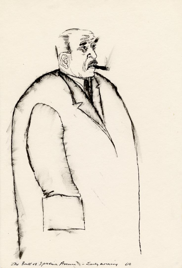 An ink illustration of a man smoking a cigar and wearing a long jacket. He has his hands in the…