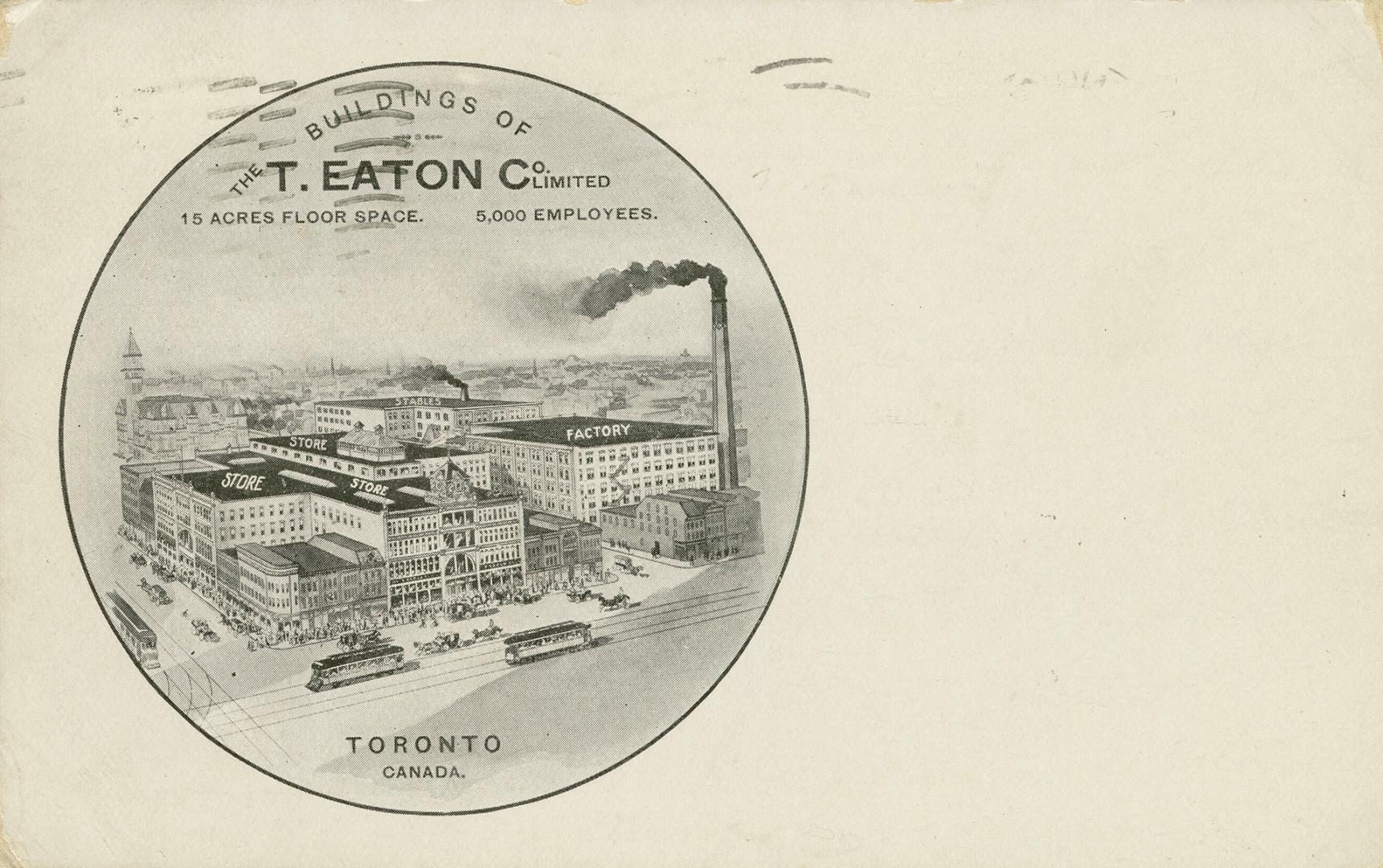 Black and white photograph in a circle of a large retail store and factory complex.