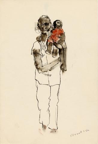 An ink and watercolour illustration of a person walking and holding a baby on their shoulder. T…