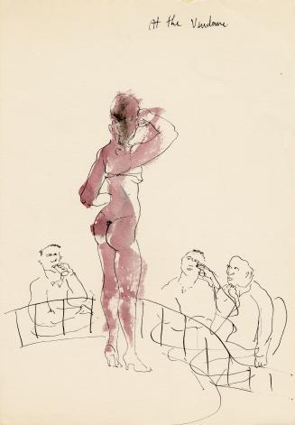 An ink and watercolour illustration of a female burlesque performer on a stage, with three men …