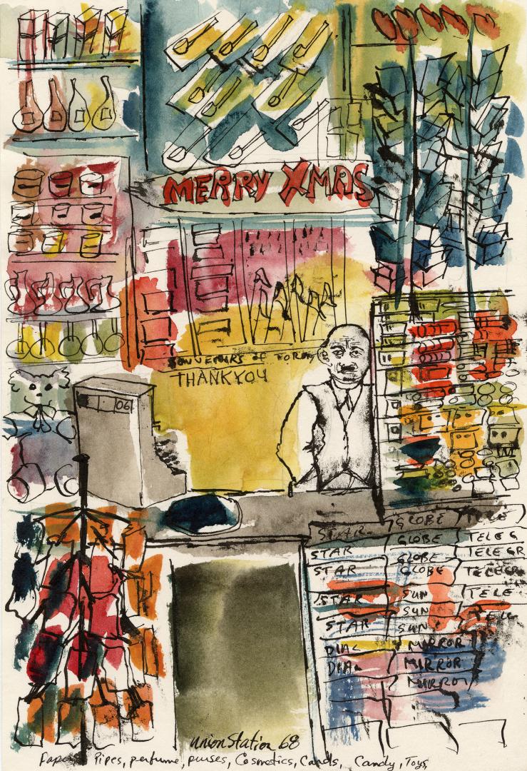 An ink and watercolour illustration of a man standing behind the counter of kiosk selling newsp…