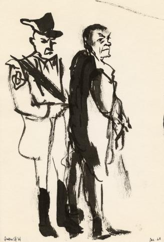 An ink and watercolour illustration of two men standing next to each other. One is wearing a po…