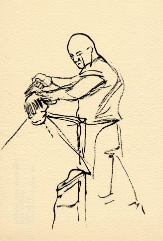 An ink illustration of a barber cutting a person's hair. The barber is bald, and standing behin…