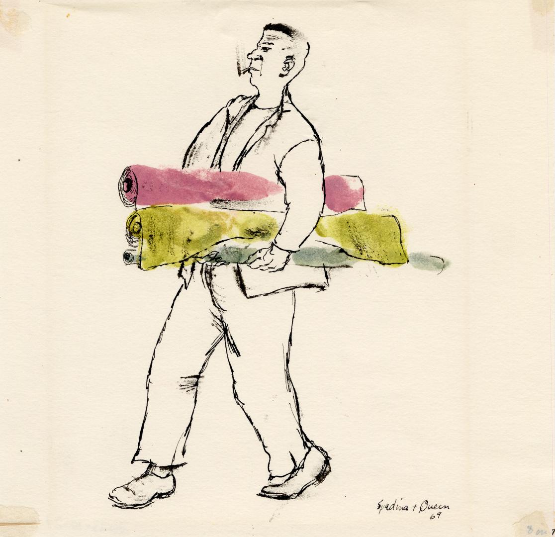 An ink and watercolour illustration of a man carrying rolls of fabric under one arm. He has a s…