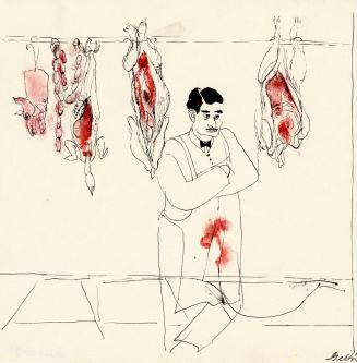 An ink and watercolour illustration of a butcher standing behind a counter. He has a moustache,…