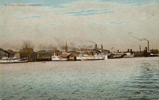 Colorized photograph of steam boats moored in front of busy docks on the shoreline of a large c…