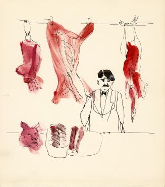 An ink and watercolour illustration of a man standing behind the counter in a butcher's shop. H…