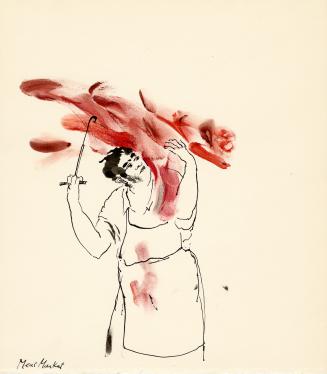 An ink and watercolour illustration of a butcher carrying a large cut of meat over his right sh…