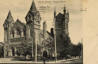 Black and white photograph of a very large church of the Romanesque Revival style.